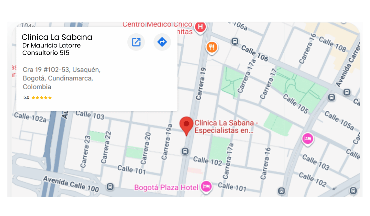 Mapa de ubicación del consultorio del Dr. Mauricio Latorre en Clínica La Sabana, Bogotá